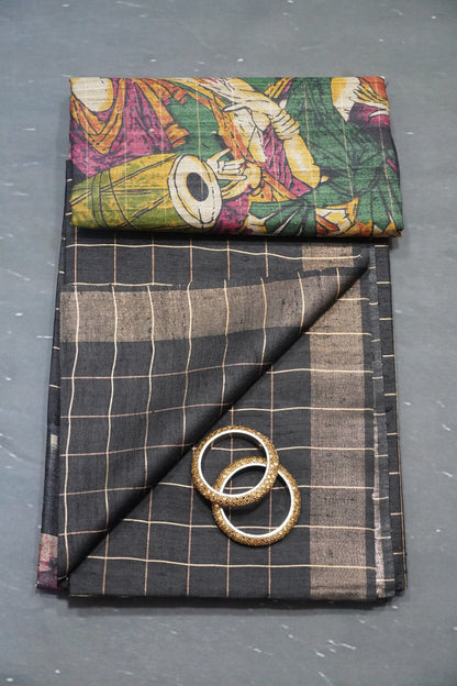 Dupion Saree - Checks Dark Black