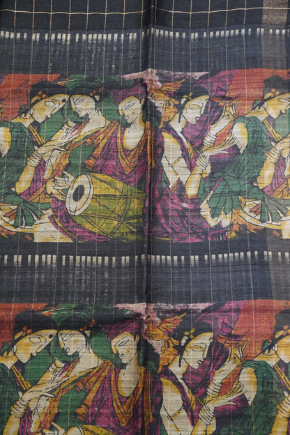 Dupion Saree - Checks Dark Black
