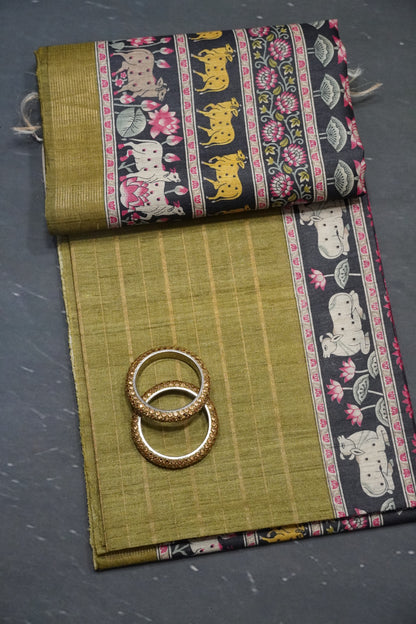 Pure Tussar Saree - Pichwai Mehndi Green