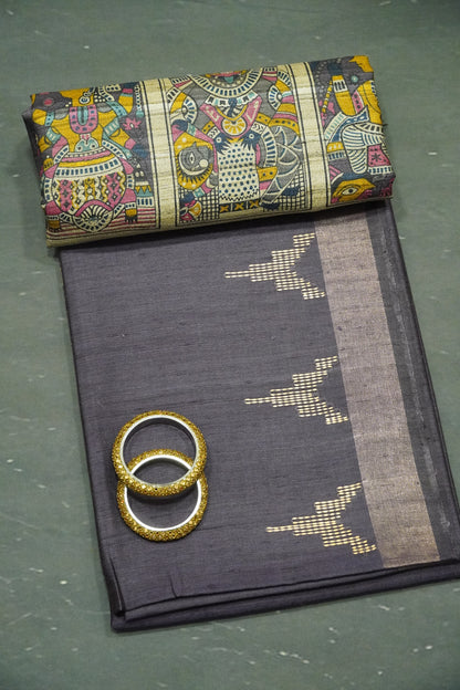 Jute Tussar Silk - Temple Border Dark Purple