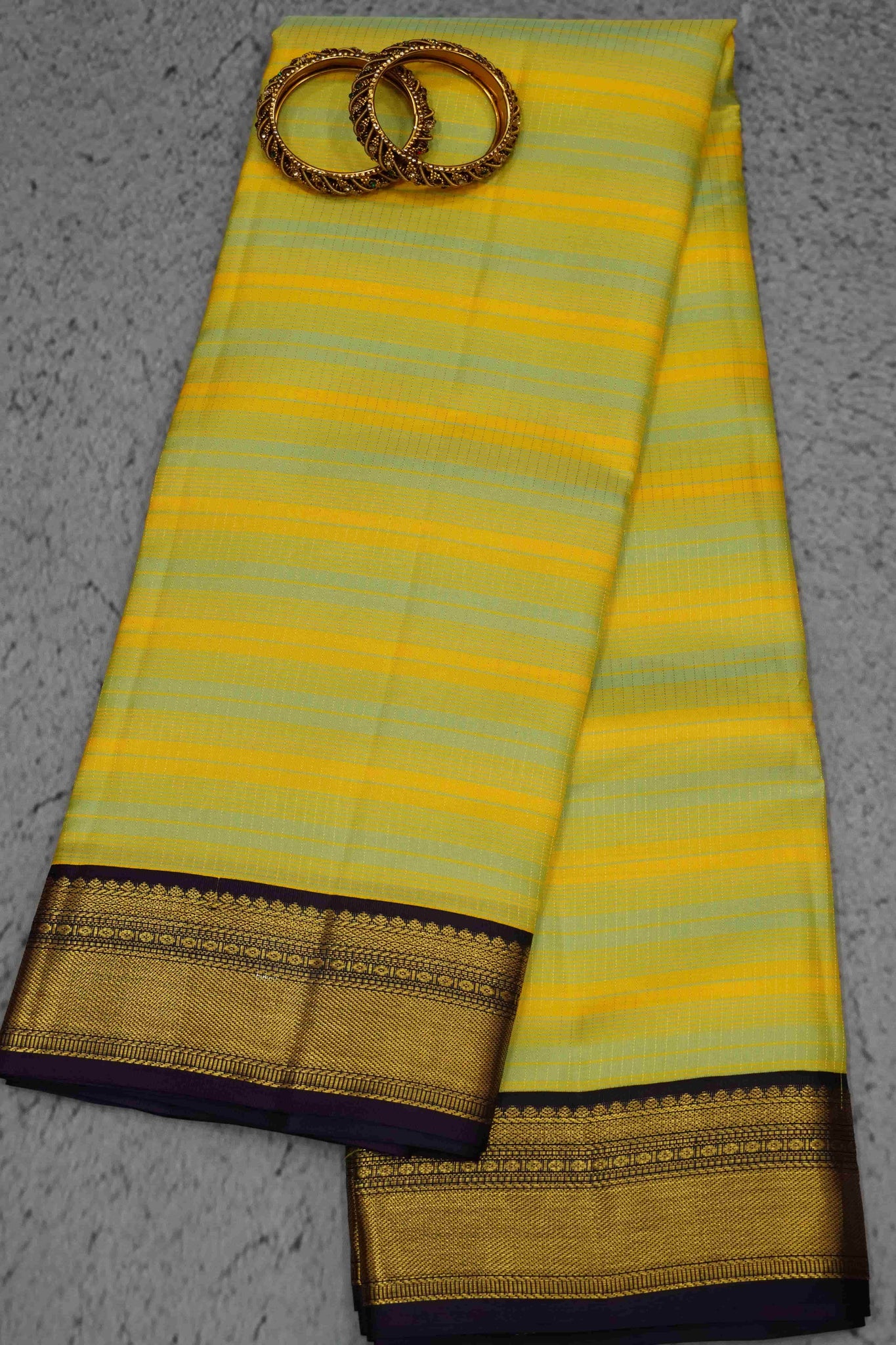 Pure Kanchipuram Silk Saree -Multi Body Lines-Yellow