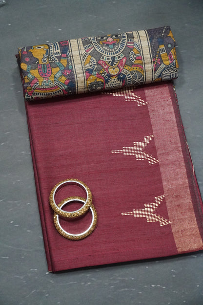 Jute Tussar Silk - Temple Border Maroon