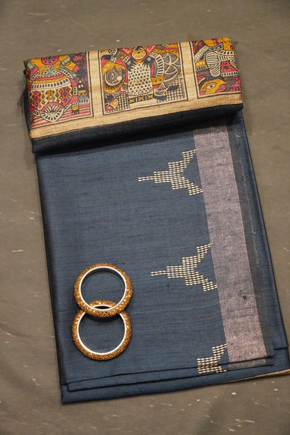 Jute Tussar Silk - Temple Border Blue
