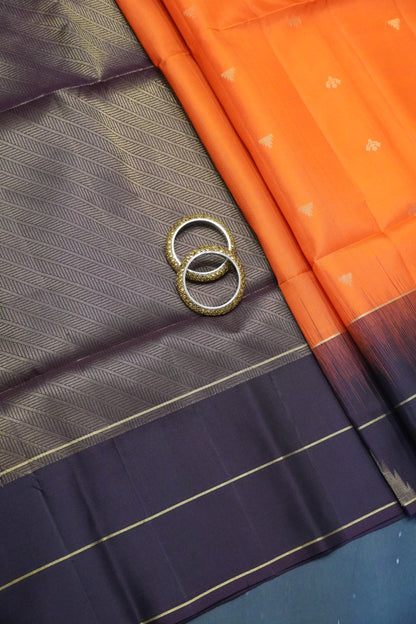Pure Soft Silk Saree - Bright Orange - Brown