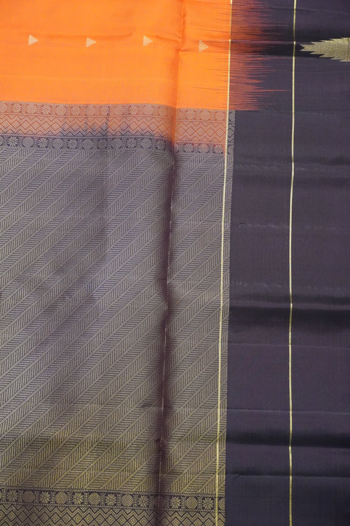 Pure Soft Silk Saree - Bright Orange - Brown