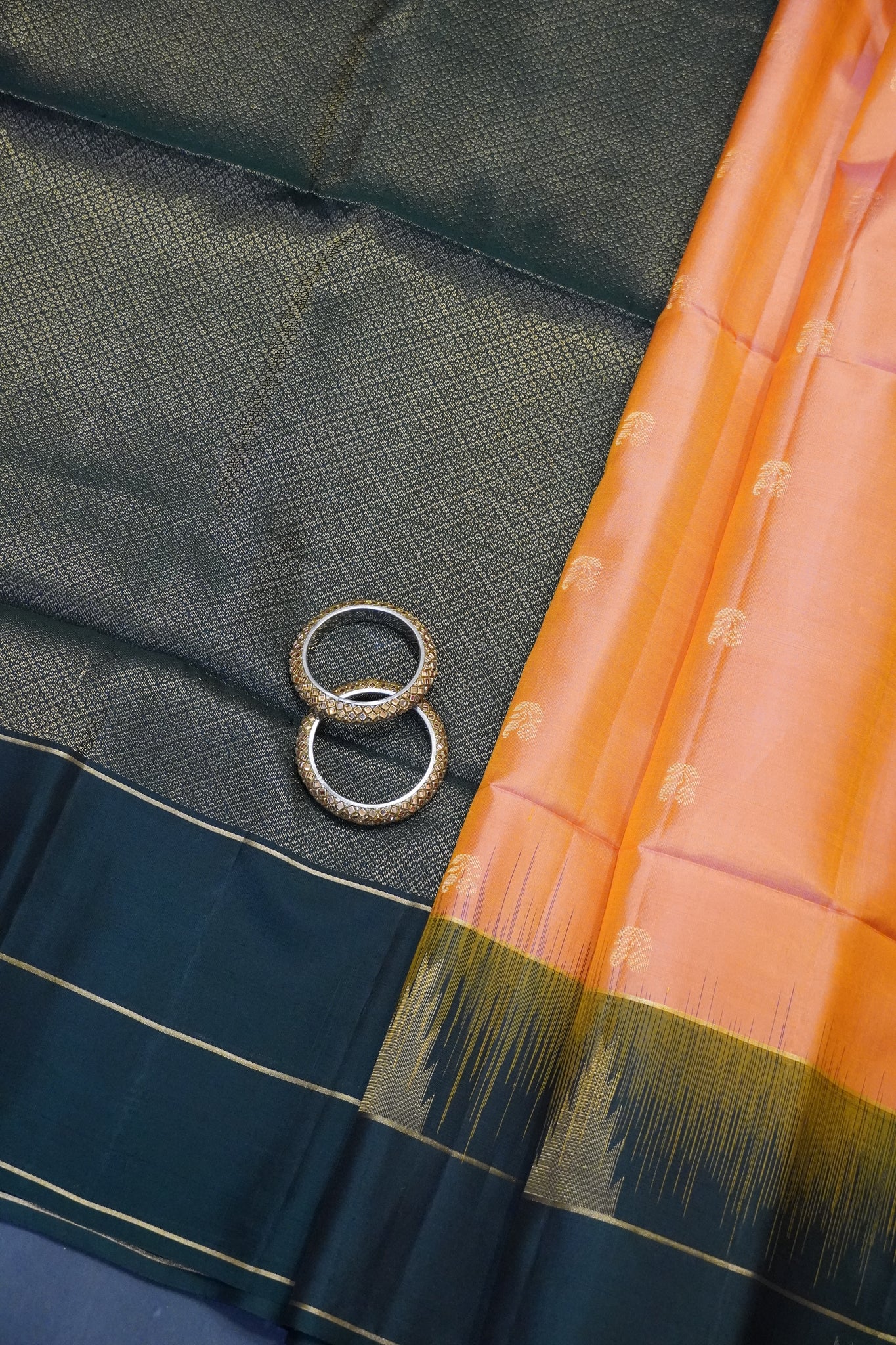 Pure Soft Silk Saree - Peach - Bottle Green