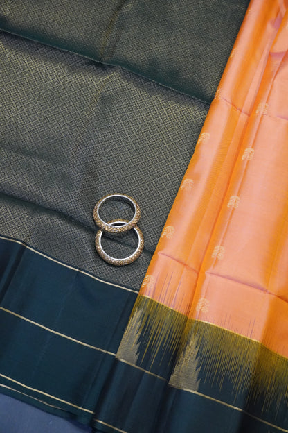 Pure Soft Silk Saree - Peach - Bottle Green