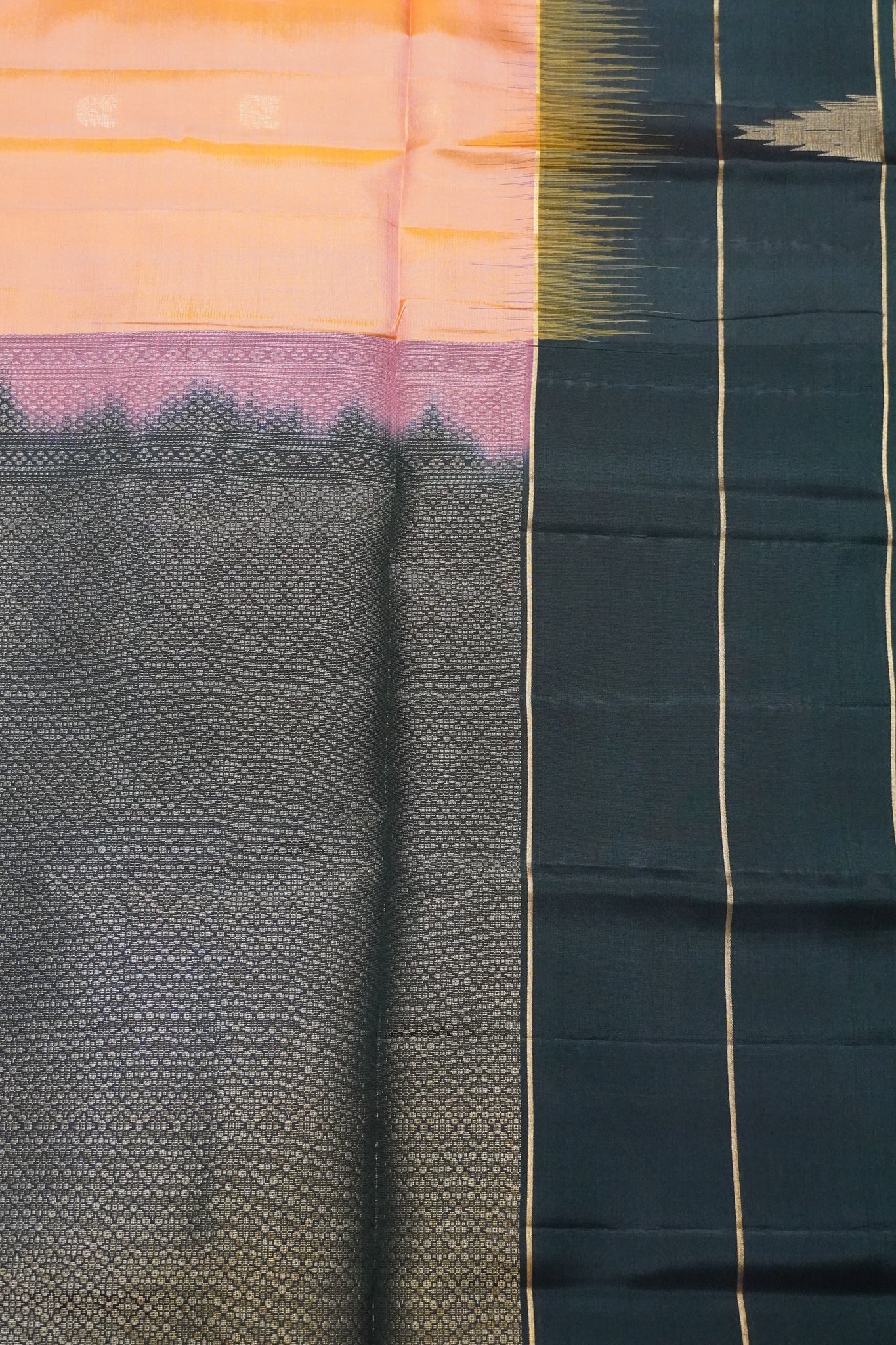 Pure Soft Silk Saree - Peach - Bottle Green