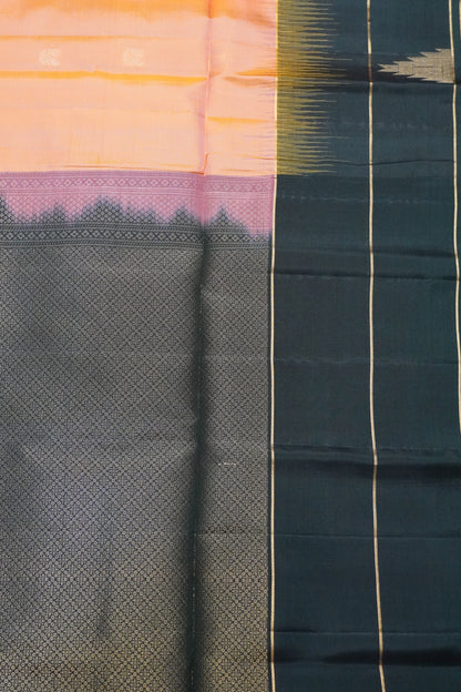 Pure Soft Silk Saree - Peach - Bottle Green
