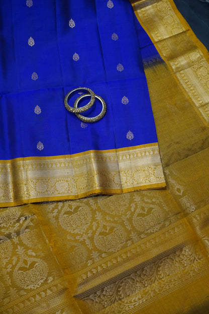 Pure Soft Silk Saree - Royal Blue - Mustard