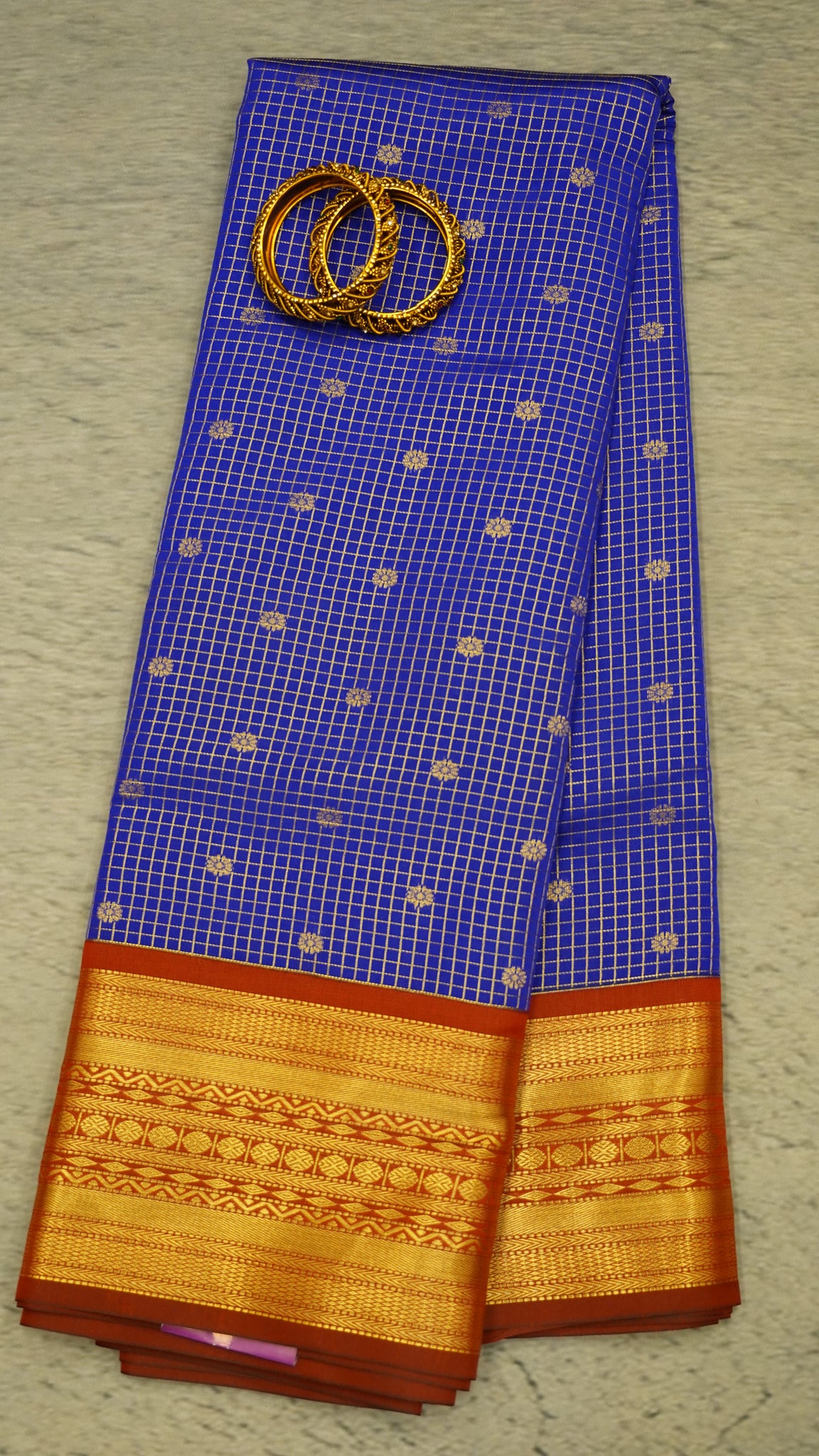 Semi Kanchipuram Silk Saree - Blue-Red