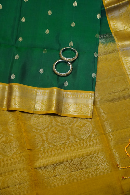 Pure Soft Silk Saree - Green - Mustard