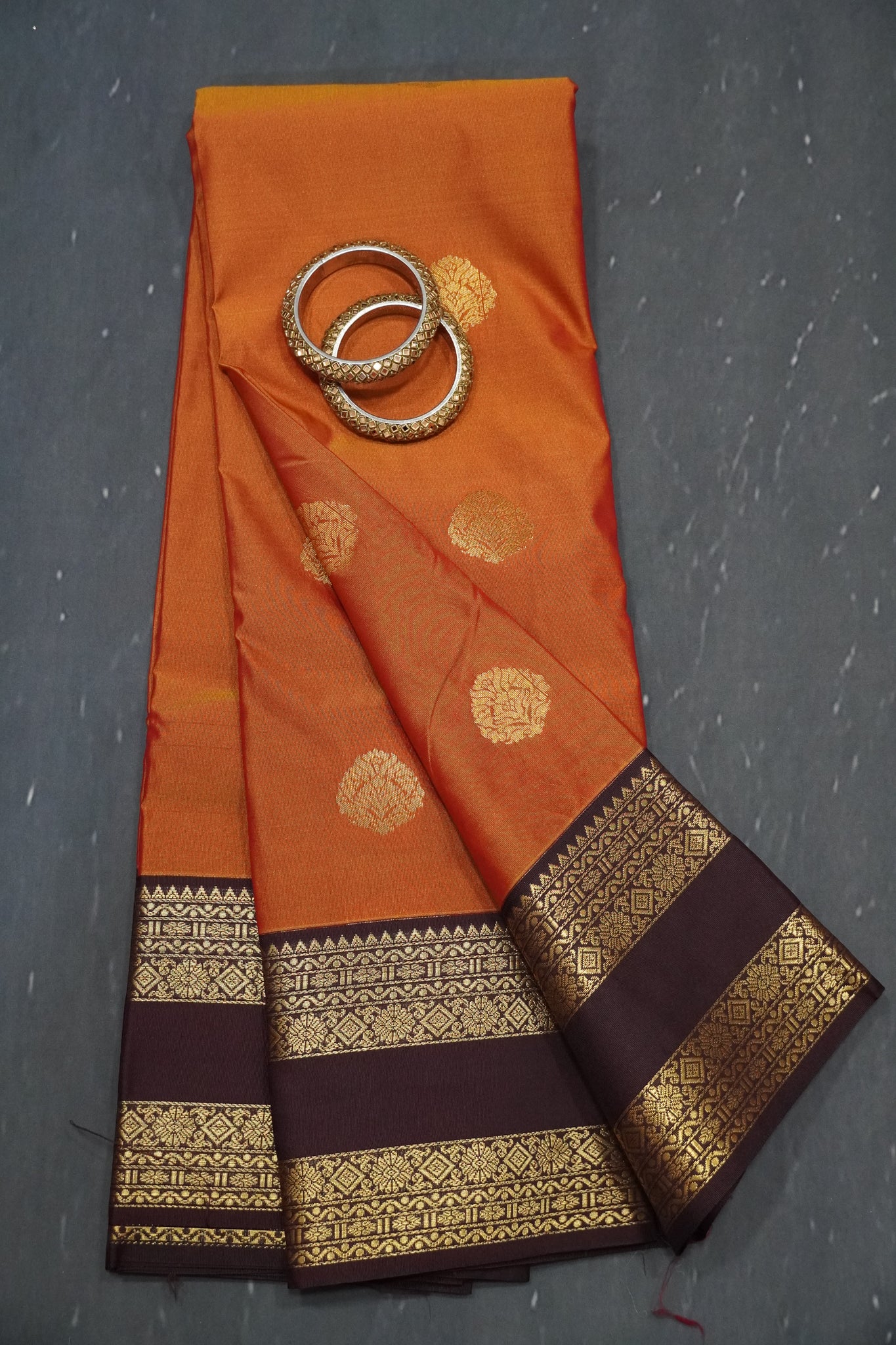 Semi Silk Saree - Orange - Brown