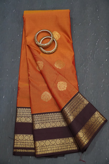 Semi Silk Saree - Orange - Brown