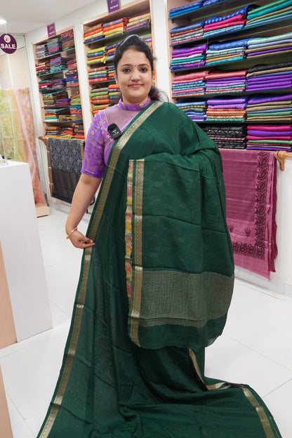 Semi Mysore Silk Saree-Bottle Green with Small Border
