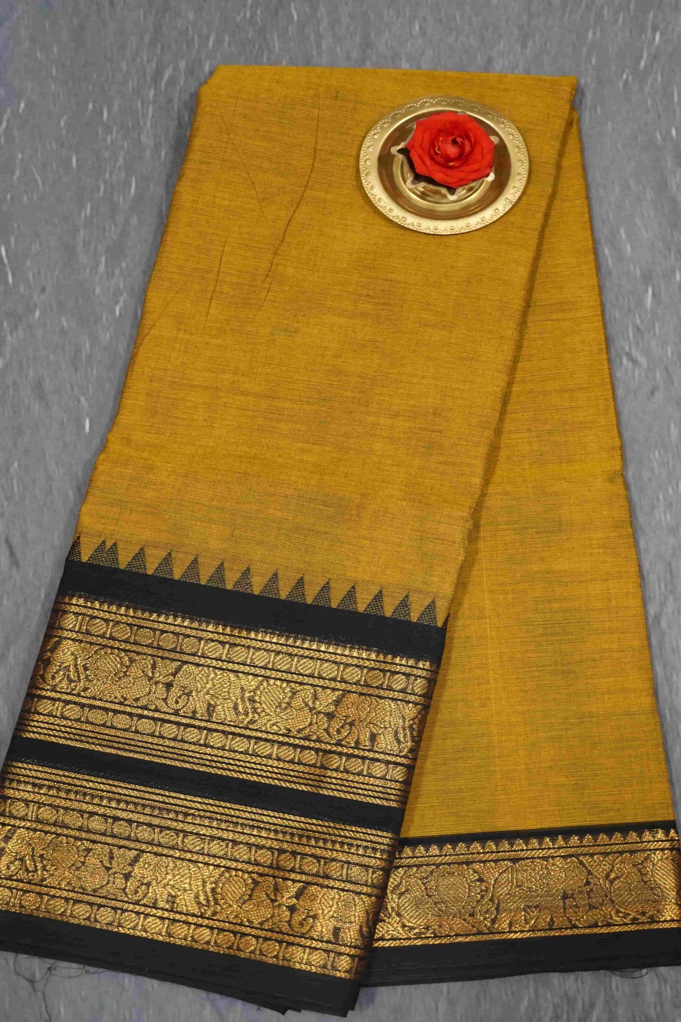 Kanchi Cotton Saree - Double Border- Mustard-Black