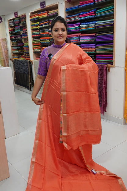 Semi Mysore Silk Saree-Peach with Small Border