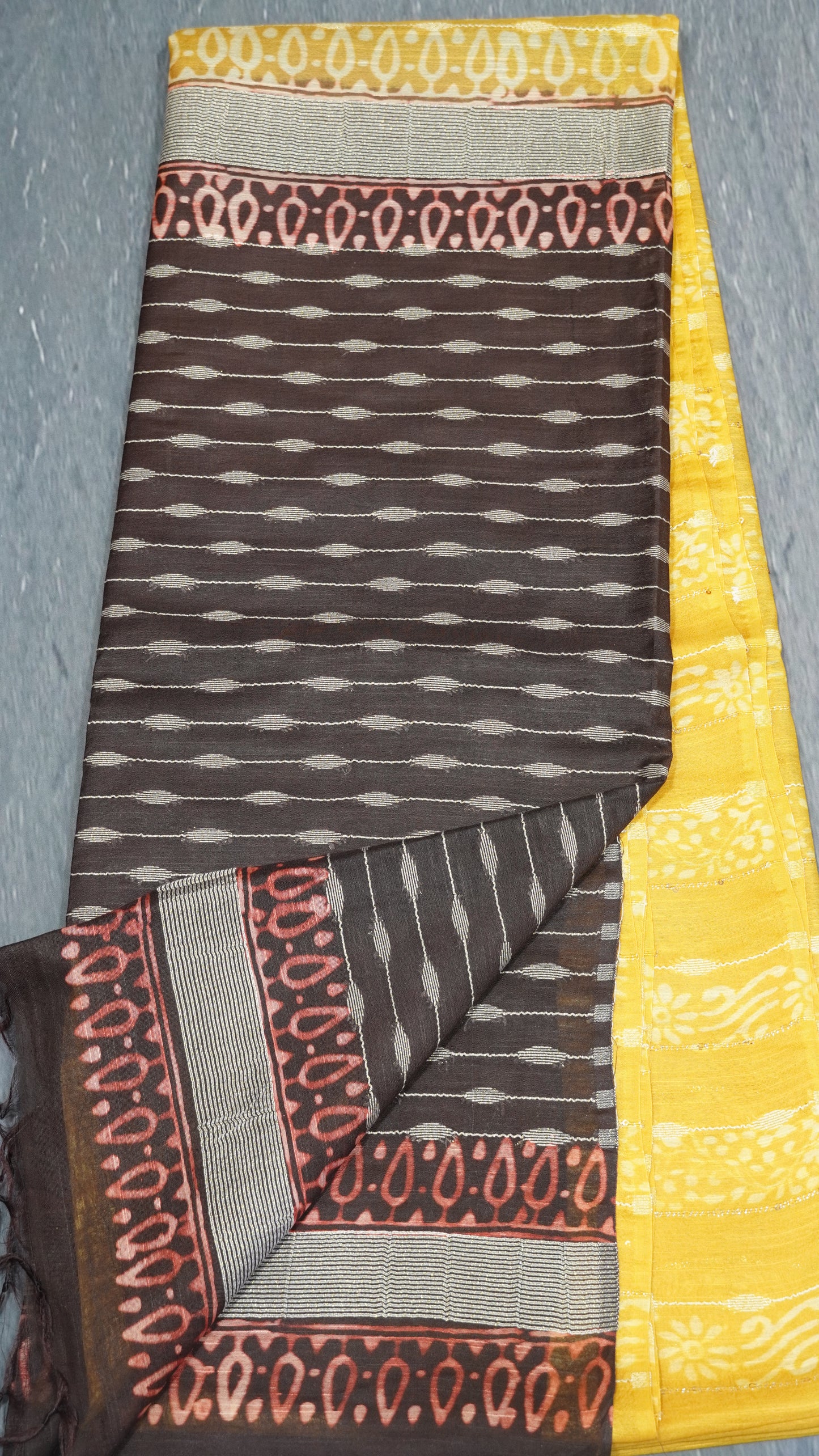 Semi Bhagalpur Tussar Saree- Yellow Block Print