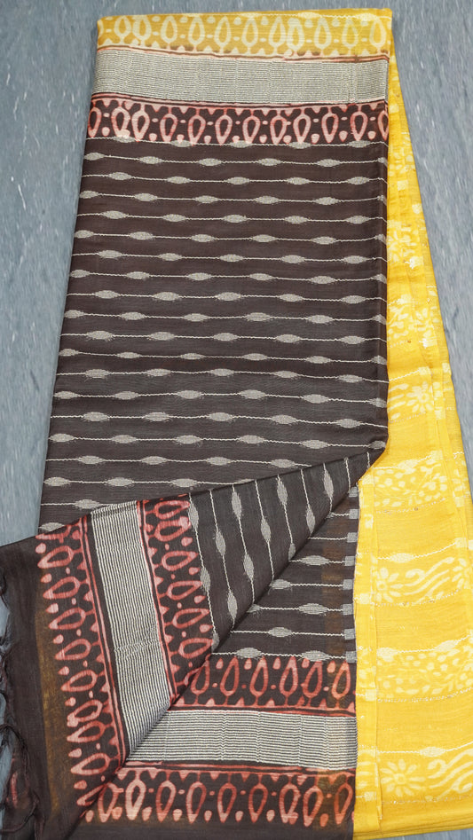 Semi Bhagalpur Tussar Saree- Yellow Block Print