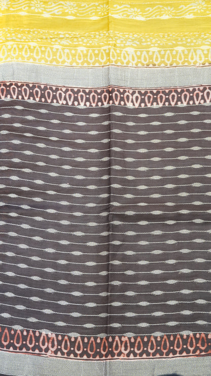 Semi Bhagalpur Tussar Saree- Yellow Block Print