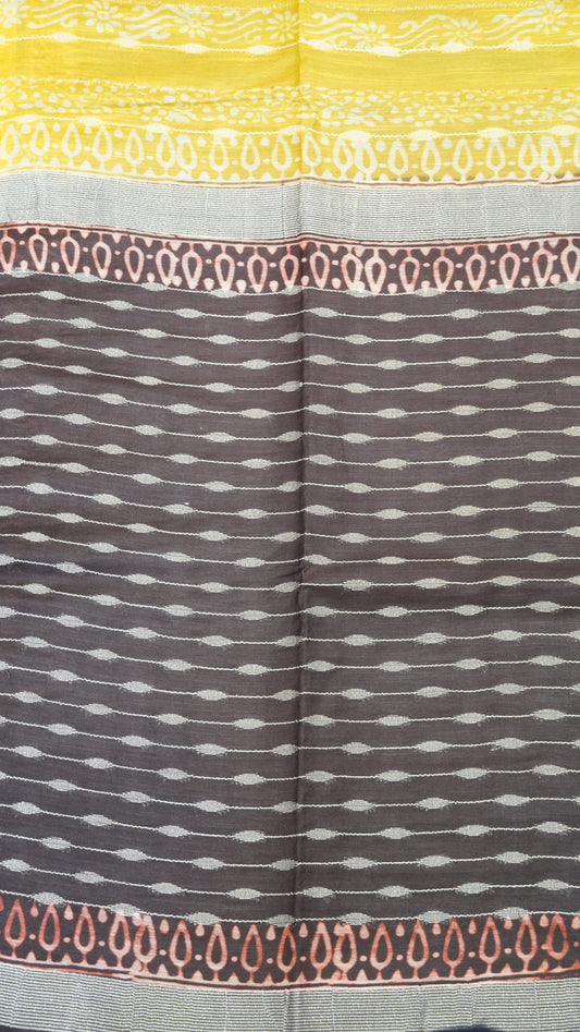 Semi Bhagalpur Tussar Saree- Yellow Block Print