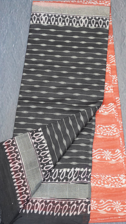 Semi Bhagalpur Tussar Saree-Pale Orange Block Print