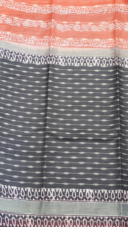 Semi Bhagalpur Tussar Saree-Pale Orange Block Print