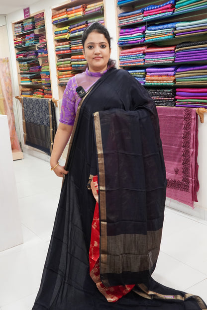 Semi Mysore Silk Saree- Navy Blue with Small Border