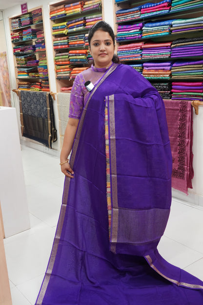 Semi Mysore Silk Saree- Dark Purple with Small Border