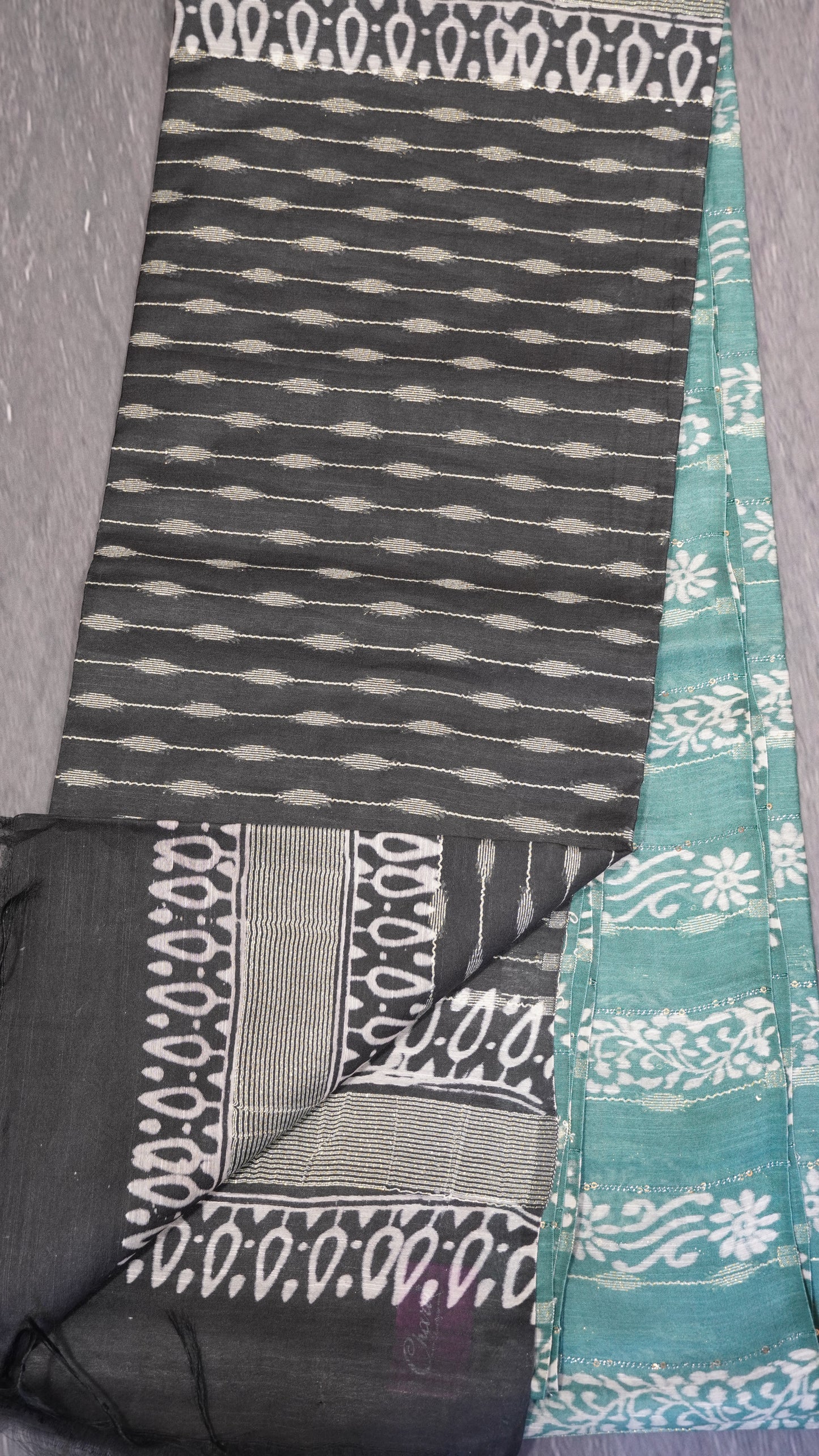 Semi Bhagalpur Tussar Saree-Sea Green Block Print -