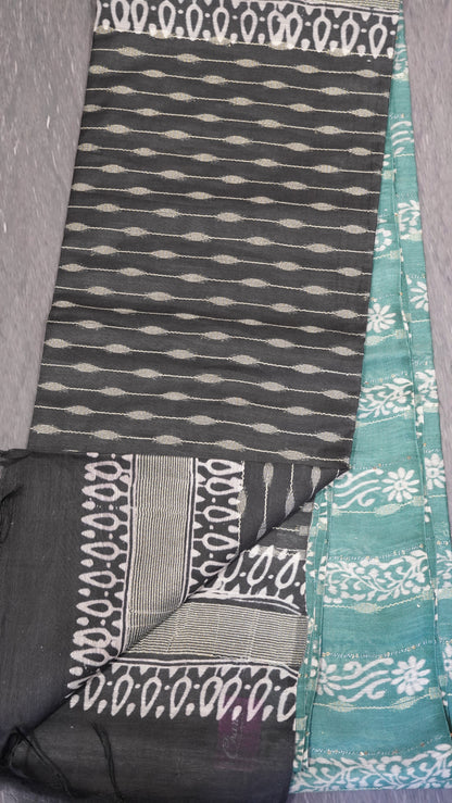 Semi Bhagalpur Tussar Saree-Sea Green Block Print -