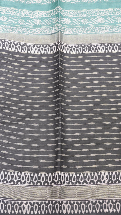 Semi Bhagalpur Tussar Saree-Sea Green Block Print -