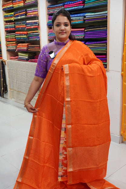 Semi Mysore Silk Saree-Orange with Small Border