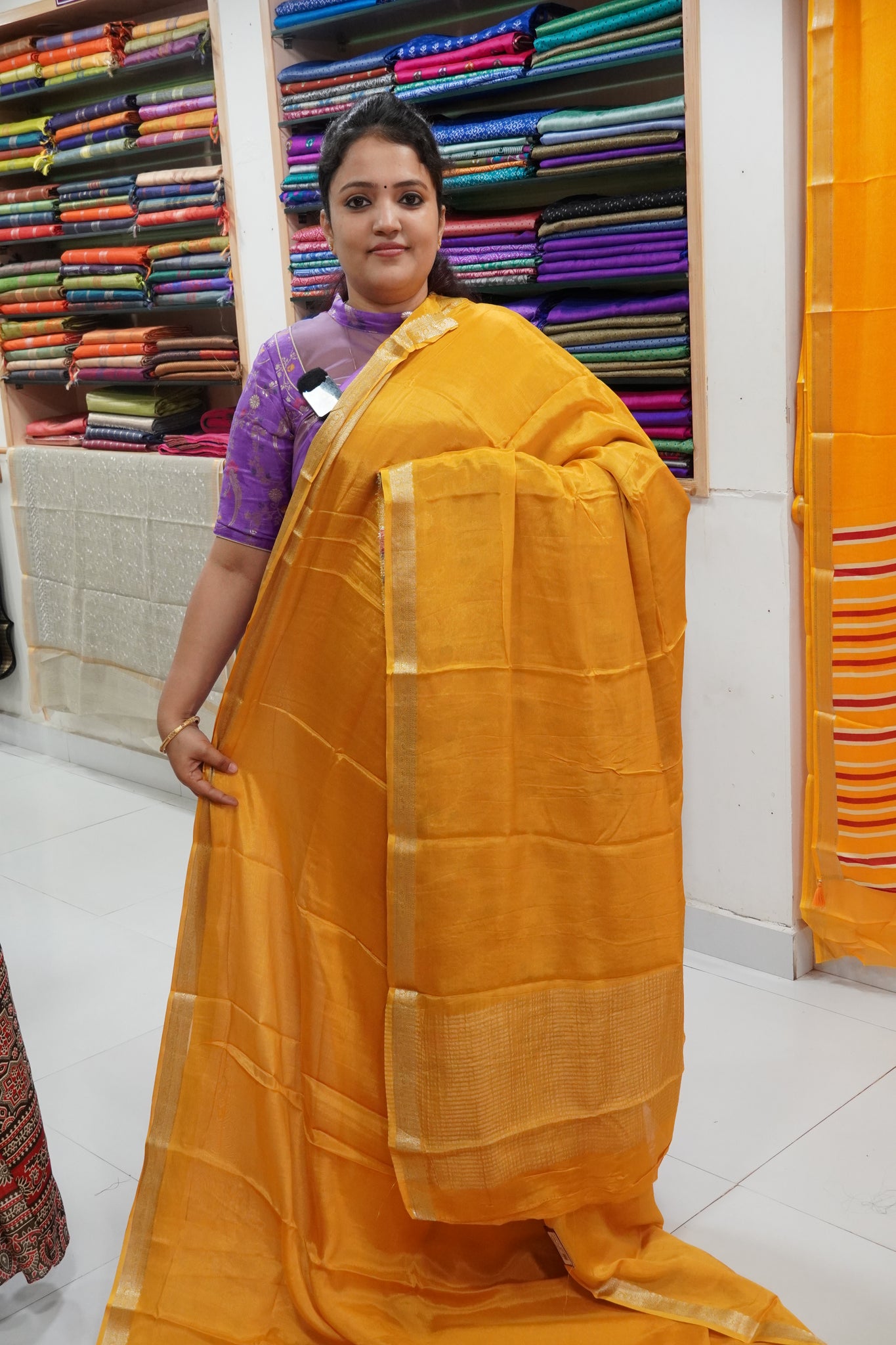 Semi Mysore Silk Saree-Mango Yellow with Small Border