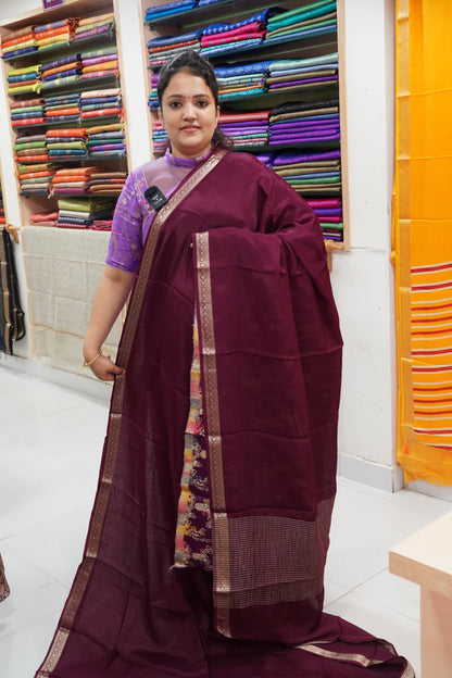 Semi Mysore Silk Saree-Maroon with Small Border
