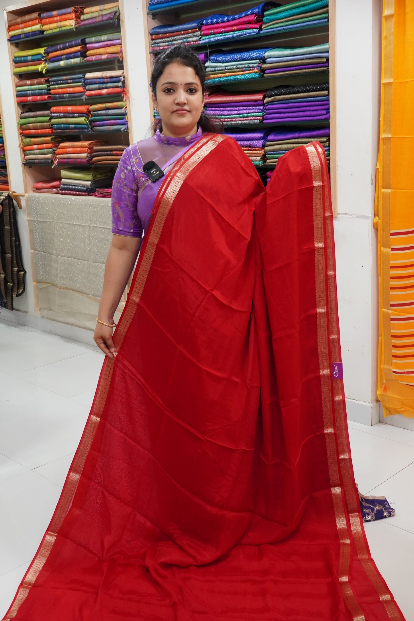 Semi Mysore Silk Saree-Red with Small Border