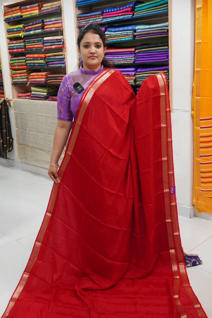 Semi Mysore Silk Saree-Red with Small Border