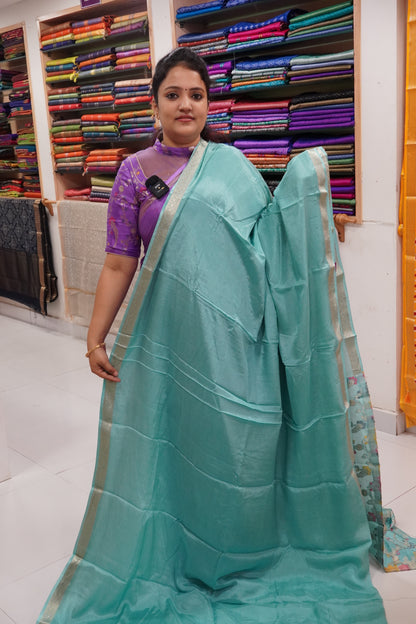 Semi Mysore Silk Saree- Sea Green with Small Border