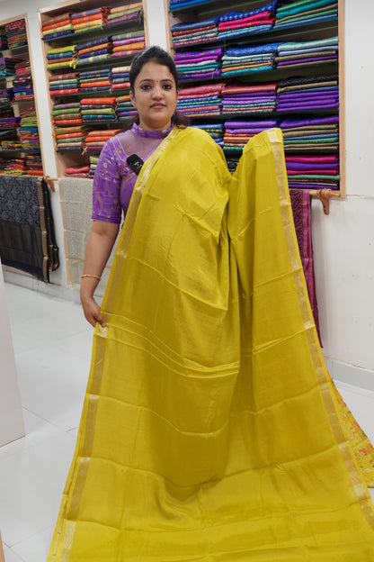 Semi Mysore Silk Saree-Lime Yellow with Small Border
