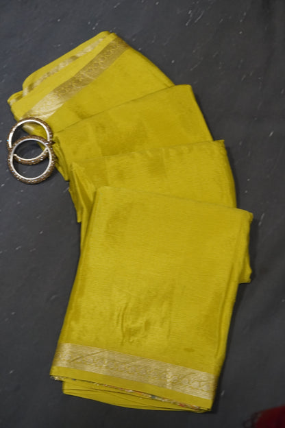 Semi Mysore Silk Saree-Lime Yellow with Small Border