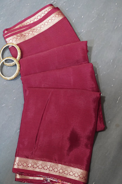 Semi Mysore Silk Saree-Maroon with Small Border