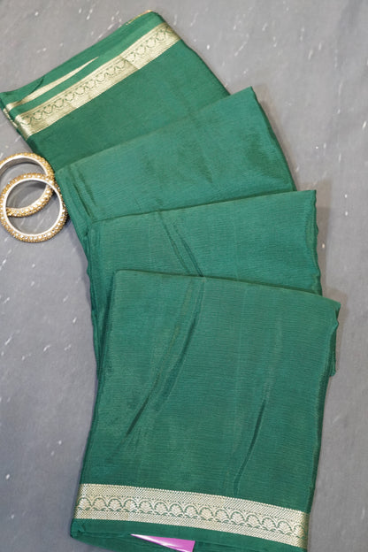 Semi Mysore Silk Saree-Bottle Green with Small Border