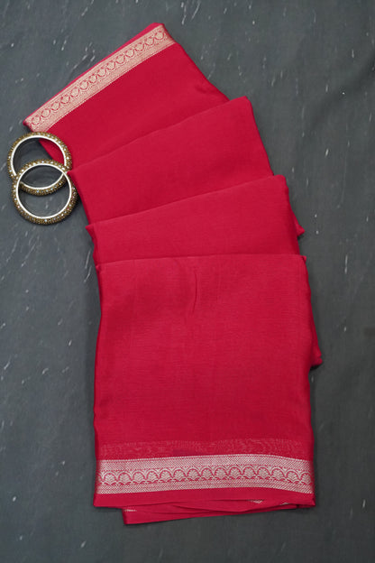 Semi Mysore Silk Saree-Rani Pink with Small Border