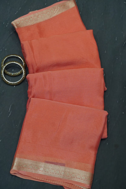 Semi Mysore Silk Saree-Peach with Small Border