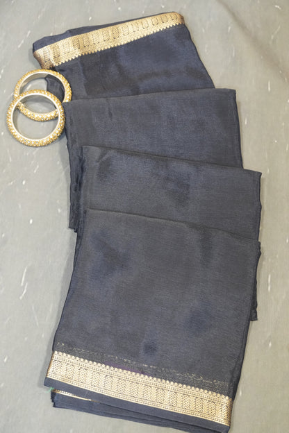 Semi Mysore Silk Saree- Navy Blue with Small Border
