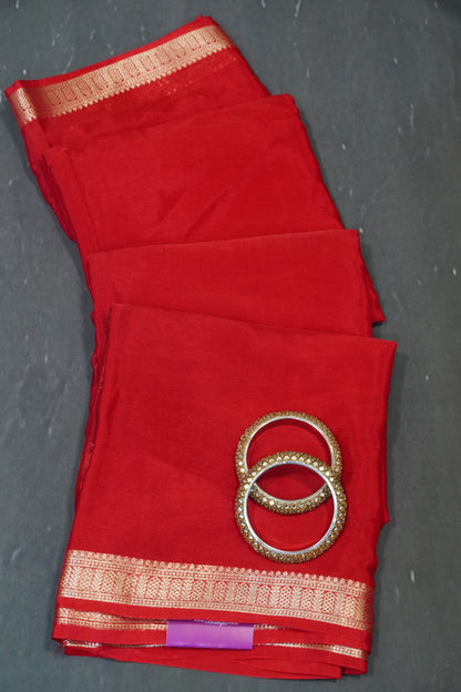 Semi Mysore Silk Saree-Red with Small Border