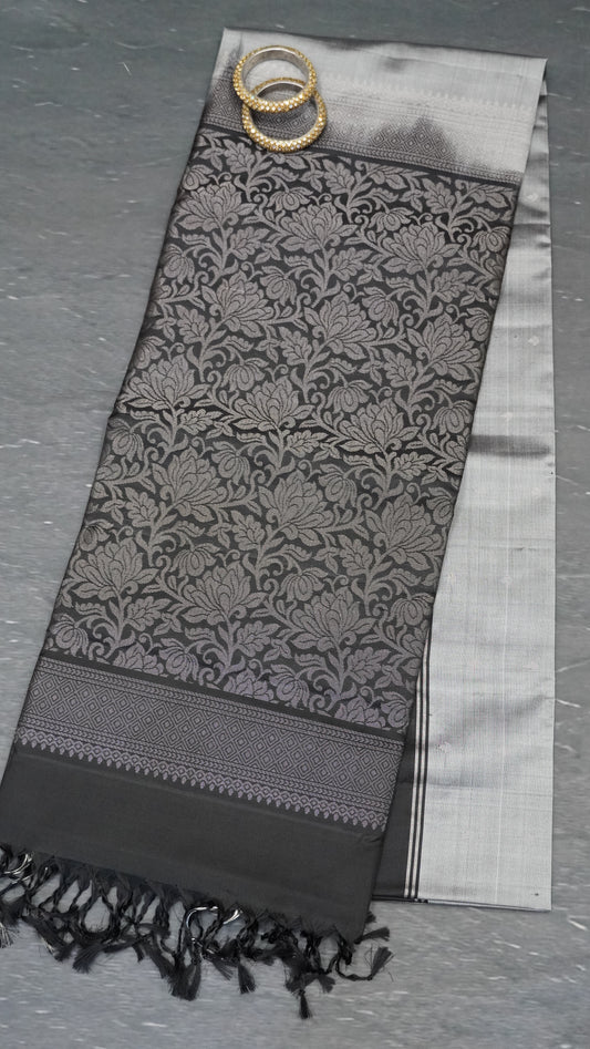 Pure Soft Silk Saree -Lite Grey Black