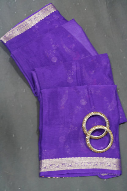 Semi Mysore Silk Saree- Dark Purple with Small Border
