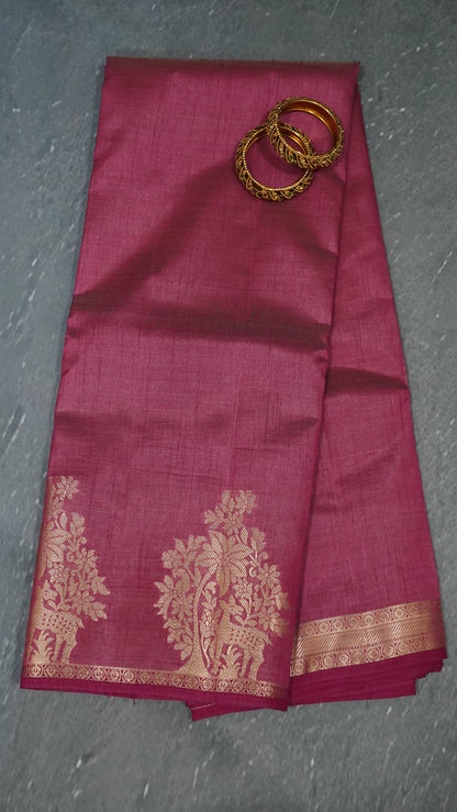 Semi Tussar Saree -Dark Pink Deer Small Border
