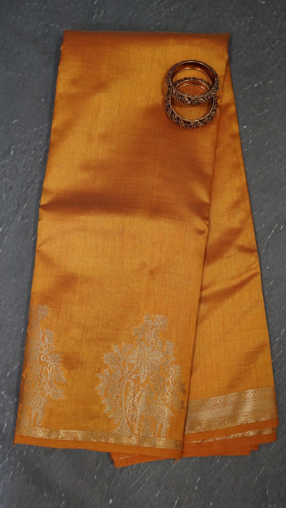 Semi Tussar Saree -Mango Yellow Deer Small Border
